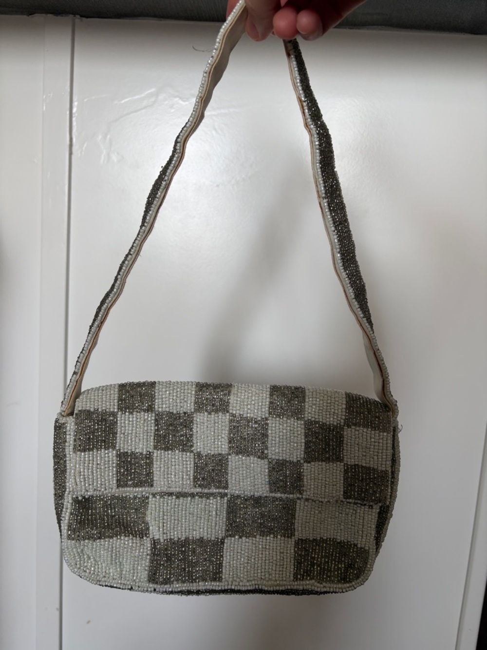 By Anthropologie Beaded Checkerboard Shoulder Bag in White and Gray